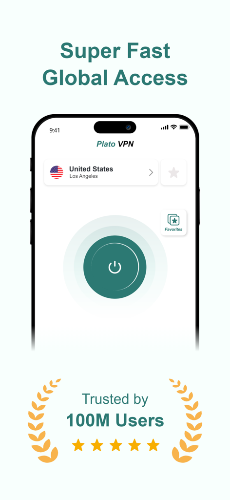 PlatoVPN: Super VPN Fast Proxy - PlatoVPN app interface showing one-click connection button and US server selection