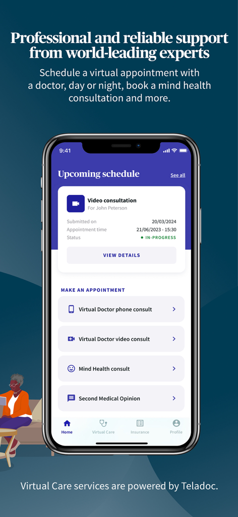 iPhone screen displaying the AXA Global Healthcare app virtual care dashboard with options for video consultations and medical appointments.