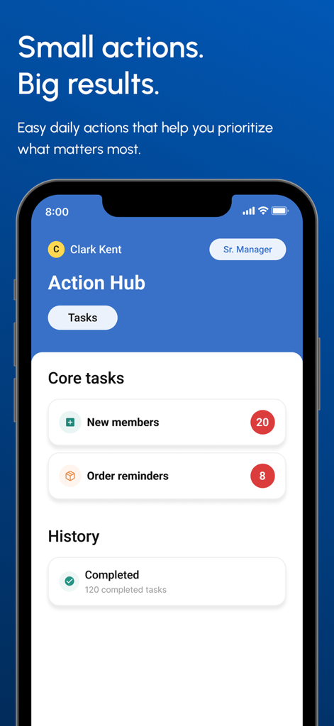 Unicity Go app interface showing the Action Hub with distributor tasks and order reminders