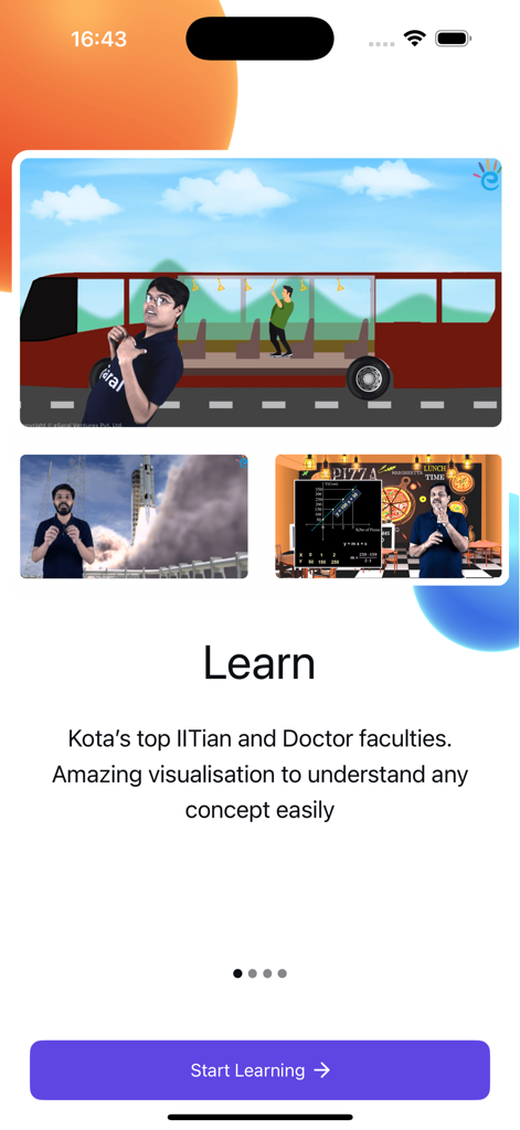 eSaral Infinity app onboarding screen showcasing video lectures with animations and expert Kota faculty.