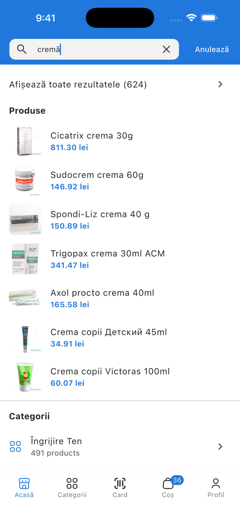 Search results for creams in the Farmacie.md mobile app