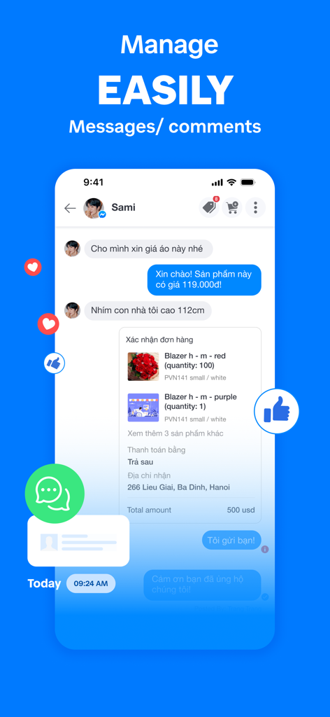 Sapo - Sales Management - Mobile app interface showing integrated customer chat and order confirmation management.