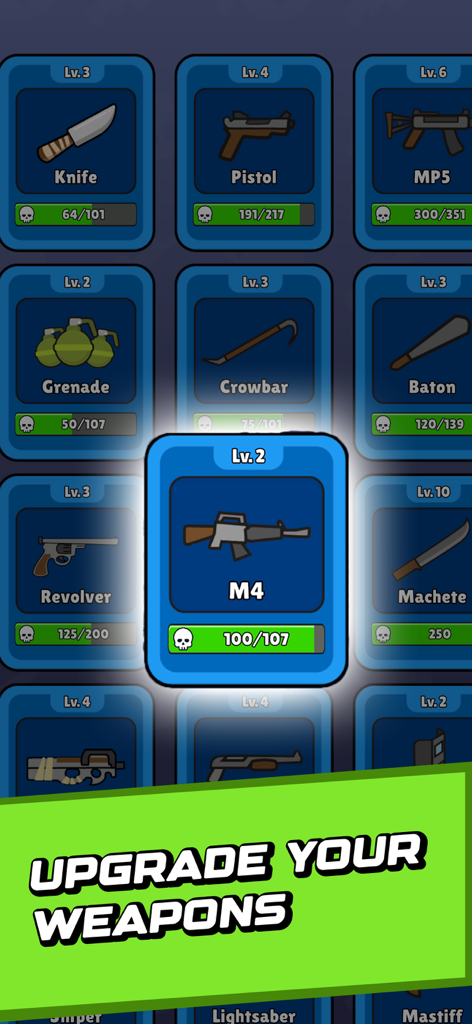 Battle Bag: War Zone - Weapon upgrade menu in Battle Bag War Zone showing cards for M4, Pistol, and tactical gear.