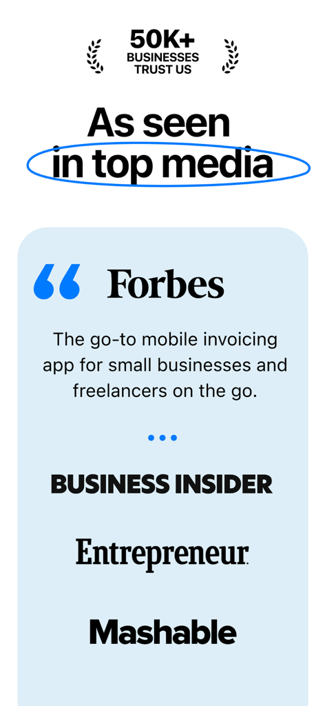 Social proof and media reviews for Invoice Maker app featuring logos from Forbes Business Insider Entrepreneur and Mashable with a trust badge for 50k plus businesses