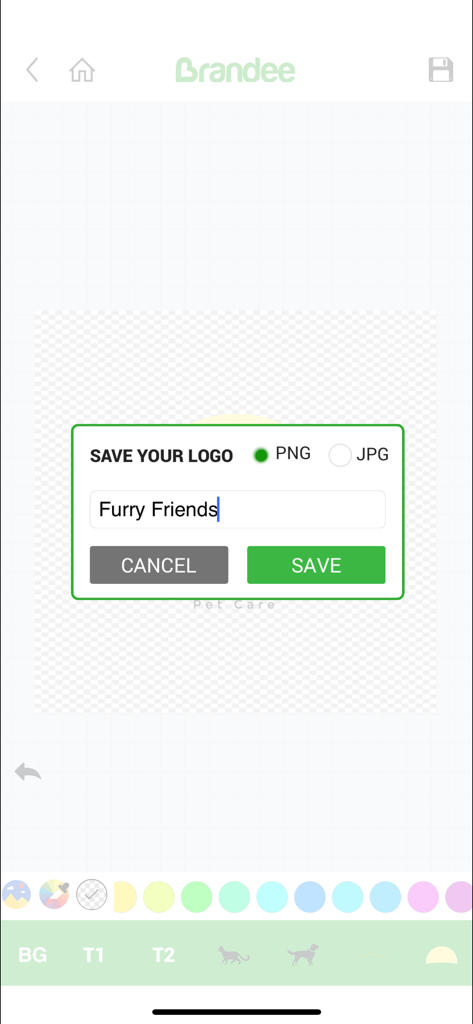 Brandeeアプリのインターフェース、PNGまたはJPGファイルとしてロゴデザインを保存するためのポップアップが表示されています