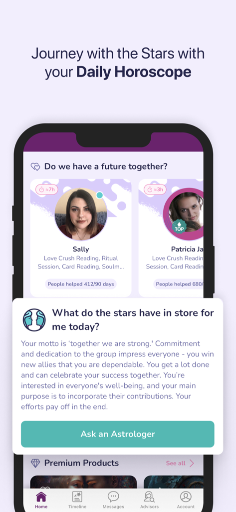 fortunica- Horoscope & Tarot - Interfaz de la aplicación Fortunica que muestra un mensaje de horóscopo diario y perfiles de asesores psíquicos disponibles