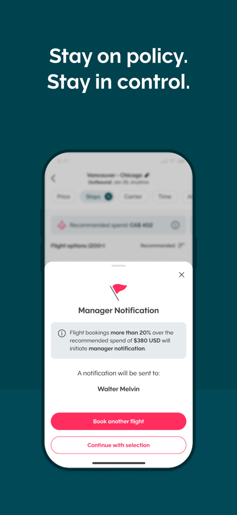 Manager-Benachrichtigungsbildschirm in der Melon-App mit Reisepolicy-Konformität und Ausgabenrichtlinien für Flugbuchungen von Unternehmen.