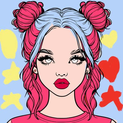 realistic girl with two buns in hair and lips