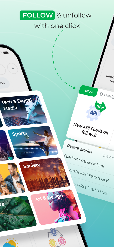 follow.it - Application mobile Follow.it montrant des catégories d'actualités comme Tech et Sports avec une fonction de suivi et de désabonnement en un clic.