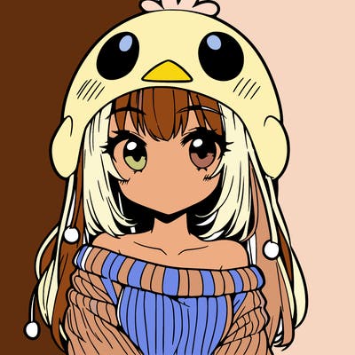 anime girl with chick shaped hat with sweater with bare shoulders with bangs covering them one eye with low tail