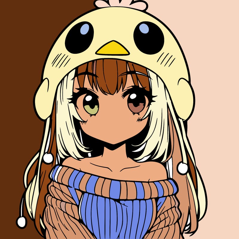 anime girl with chick shaped hat with sweater with bare shoulders with bangs covering them one eye with low tail