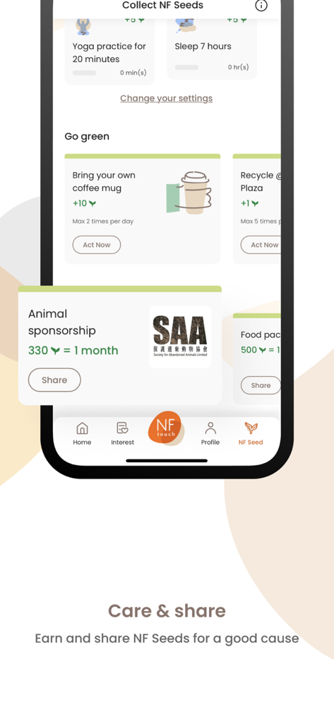NF Touch - Interface of NF Touch app displaying green habits and wellness goals to earn NF Seeds for social impact.