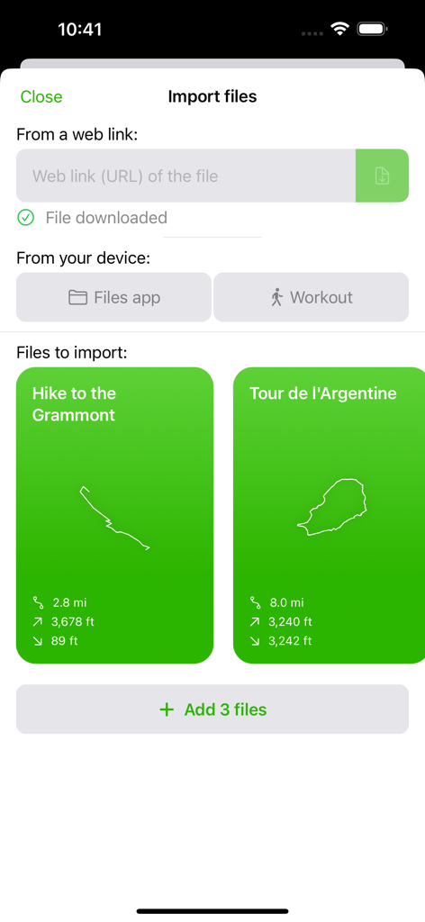 GPX viewer 2 - Pantalla de importación de archivos de GPX viewer 2 que muestra previsualizaciones de tracks de senderismo y fuentes de datos