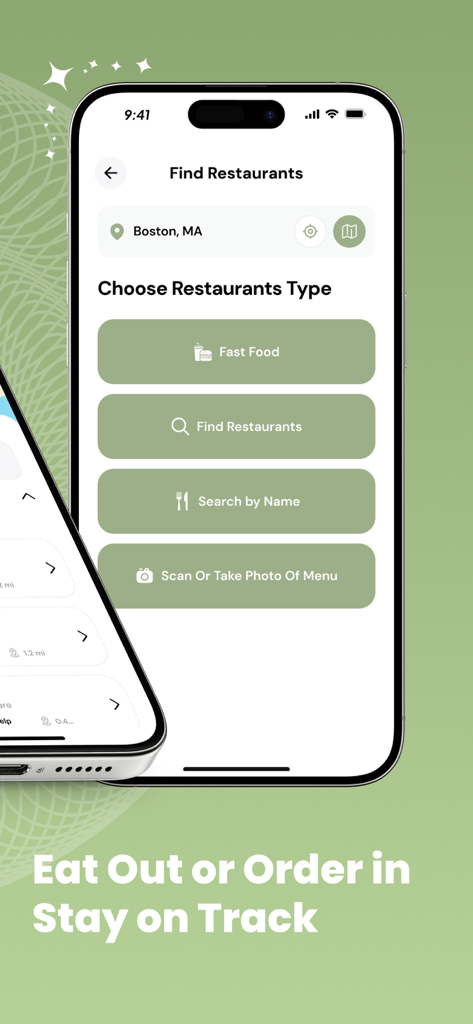 Menu Order AI: Find GLP1 Meals - Smartphone display of Menu Order AI showing options to find restaurants and scan menus