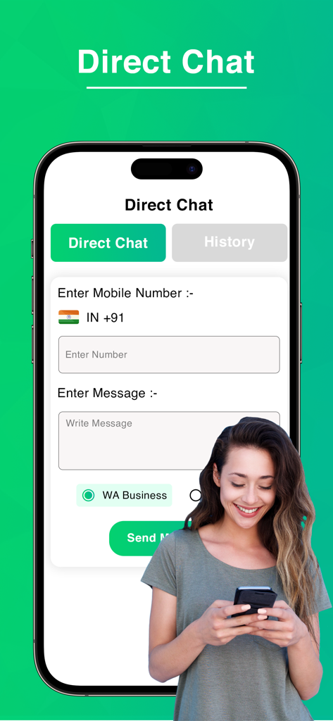 Dual Messenger 2025 - Dual Messenger 2025 app interface showing the Direct Chat feature for sending WhatsApp and WA Business messages without saving contacts