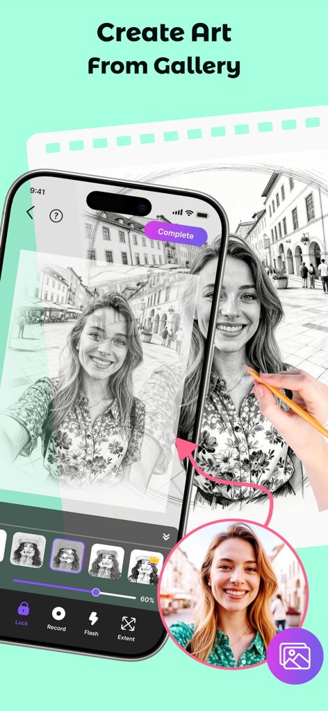 AR Drawing - Draw Sketch - Smartphone mostrando la interfaz de la aplicación AR Drawing utilizada para trazar un retrato de la galería en papel