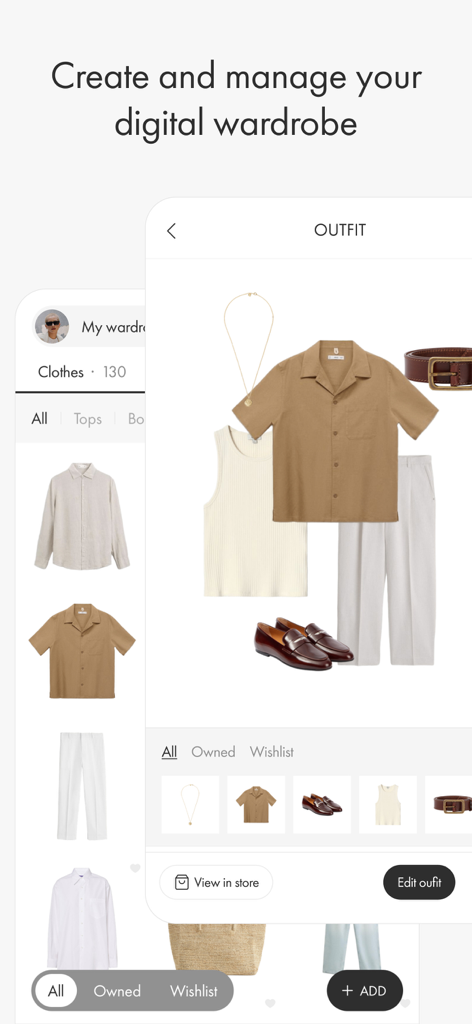 MUSH — AI-Powered Wardrobe - The MUSH app interface showing digital wardrobe management and an outfit builder with curated fashion items.