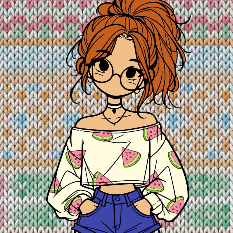 girl with a messy ponytail glasses a baggy crop top and jean shorts