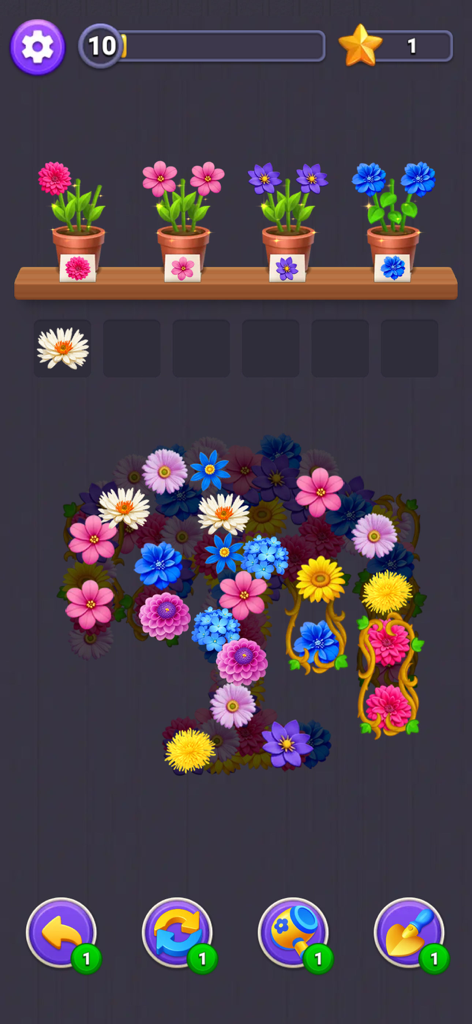 Flower Merge - Blossom Games - Gameplay screen of Flower Merge featuring colorful blossoms and gardening boosters.