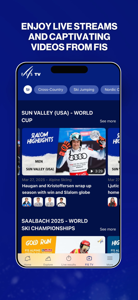 FIS Official: Ski & Snowboard - Interfaccia dell'app FIS Official che mostra streaming dal vivo e video highlights delle competizioni di sci della Coppa del Mondo
