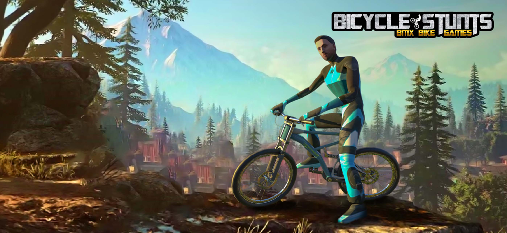Bicycle Stunts: BMX Bike Games - A 3D character on a mountain bike in a scenic forest with high mountains