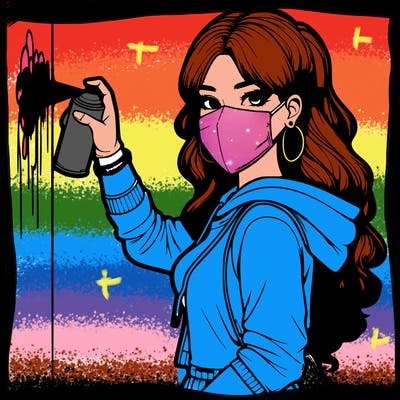 realistic girl with mask spray painting a wall