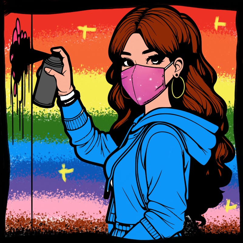 realistic girl with mask spray painting a wall