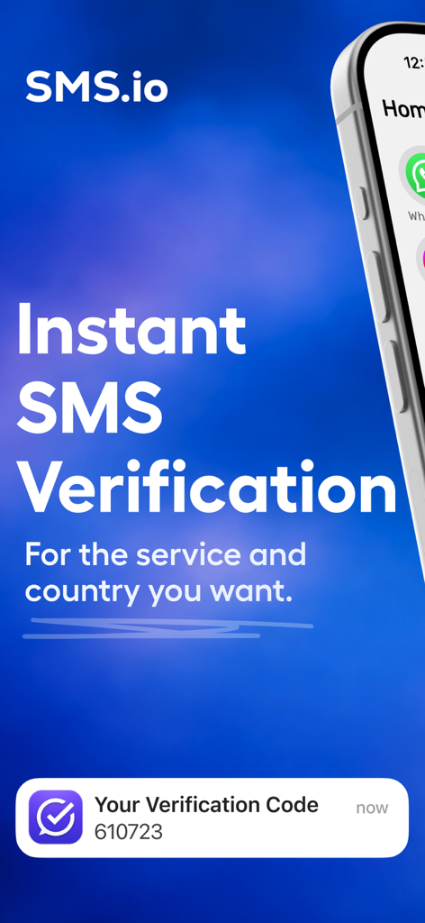 SMS io: Virtual Verification - SMS io app interface showing an instant verification code notification on a smartphone screen