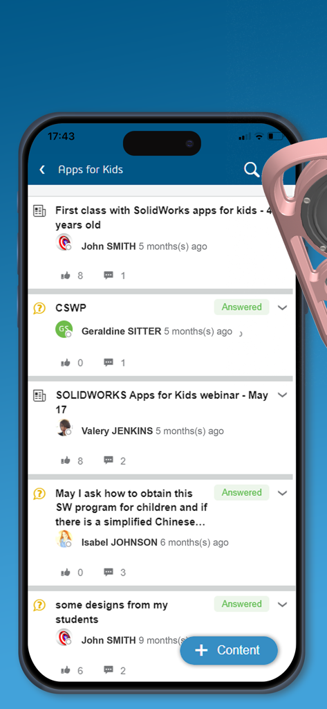 3DSwym - エンジニアリング関連の投稿やディスカッショントレッドを含むコミュニティフォーラムを表示するモバイルアプリ画面