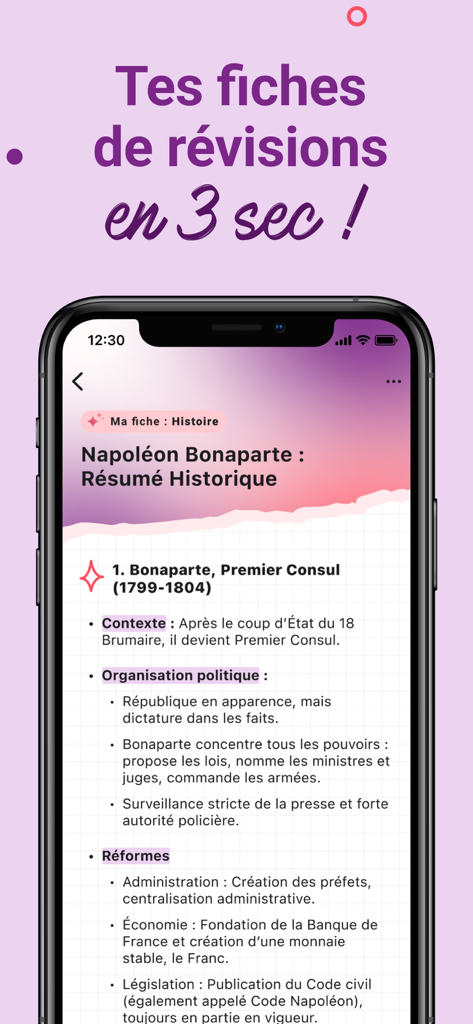 ナポレオン・ボナパルトに関するAI生成フランス史復習カードを表示するスマートフォンの画面