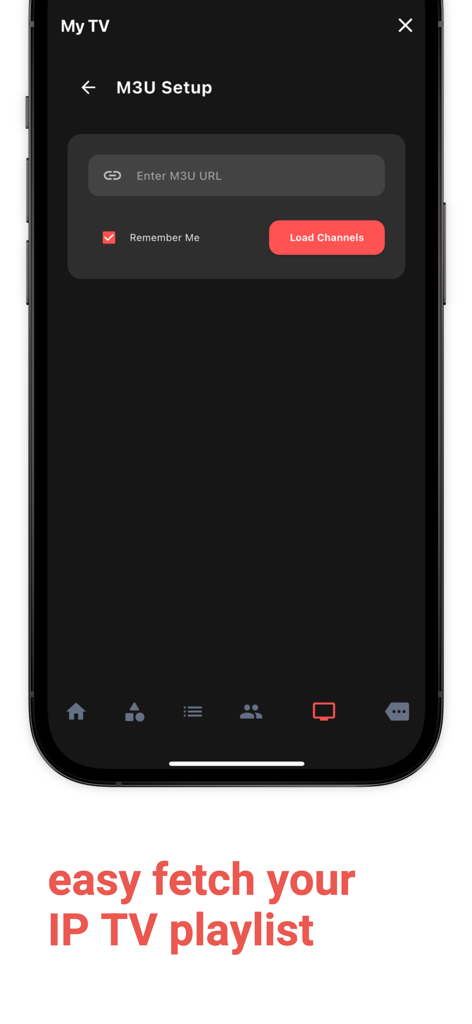M3U setup screen for entering a URL to load IPTV channel playlists