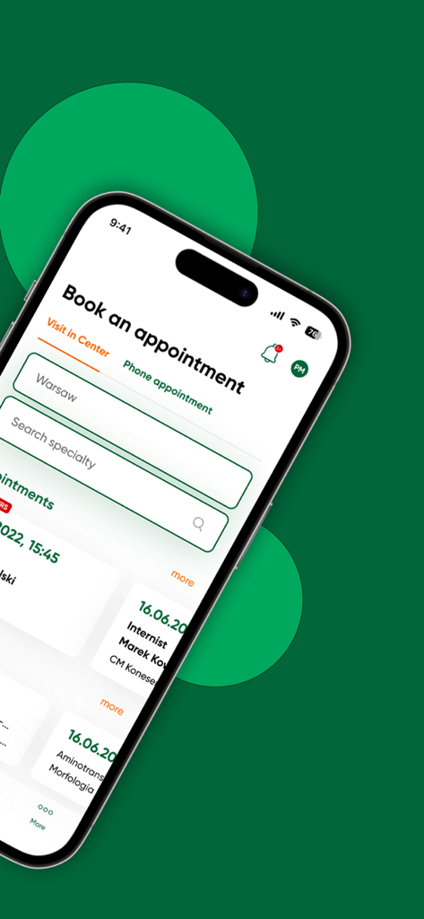 Tela do aplicativo Damian Mobile para agendar consultas médicas em Varsóvia mostrando opções de visitas ao centro e consultas por telefone
