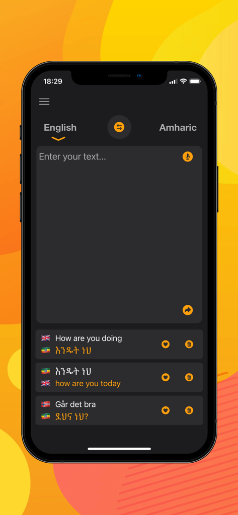 Interfaccia dell'app Il miglior traduttore amarico che mostra la cronologia delle traduzioni inglese e amarico
