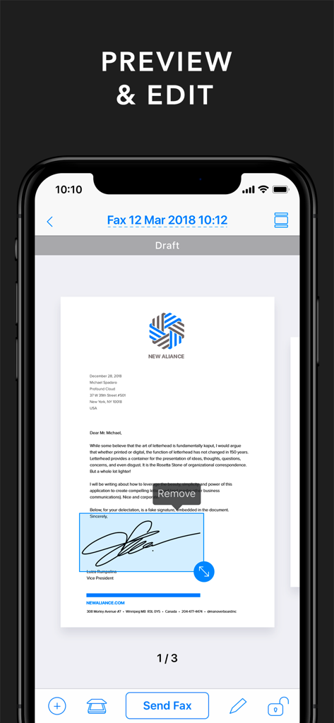 Preview and edit a business document with a digital signature in the fax app