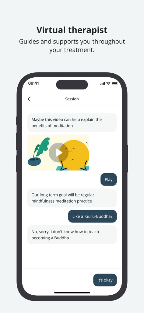 명상의 이점에 대해 대화 중인 Flow 앱 가상 치료사 인터페이스