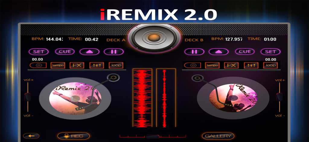 Interface de mixage DJ numérique iRemix 2.0 avec doubles platines et commandes d'édition musicale