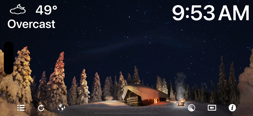 Fireplace 4K - Ultra HD Video - A serene winter night landscape featuring a snowy cabin a small campfire and a starry sky with weather and time overlays