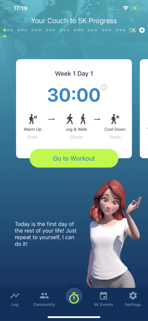 Couch to 5K app interface showing the Week 1 Day 1 training plan and a 3D virtual coach character