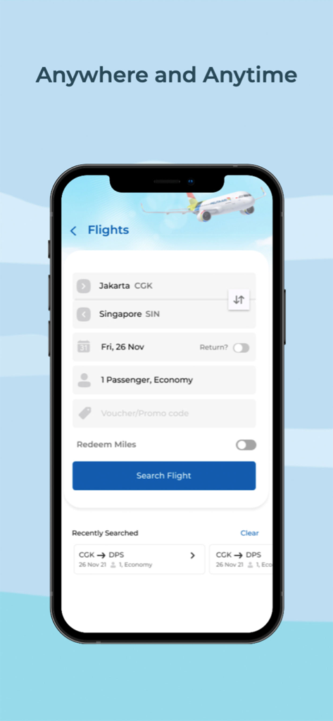 Pelita Air - Pelita Air mobile app screen for searching and booking flights from Jakarta to Singapore