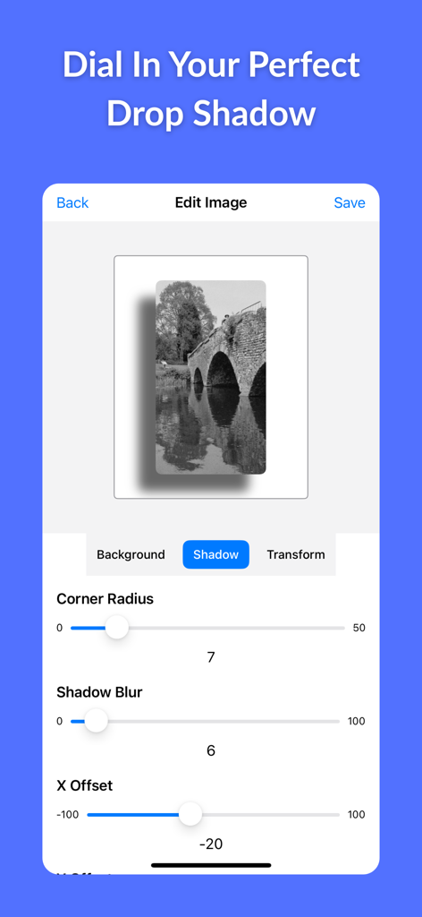 Drop Shadow Pro app screen showing shadow adjustment sliders for corner radius, blur, and X offset