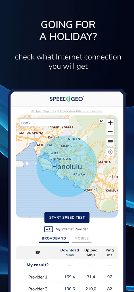 Speed Test by SPEEDGEO app interface showing internet provider speeds on a map of Honolulu for travel planning
