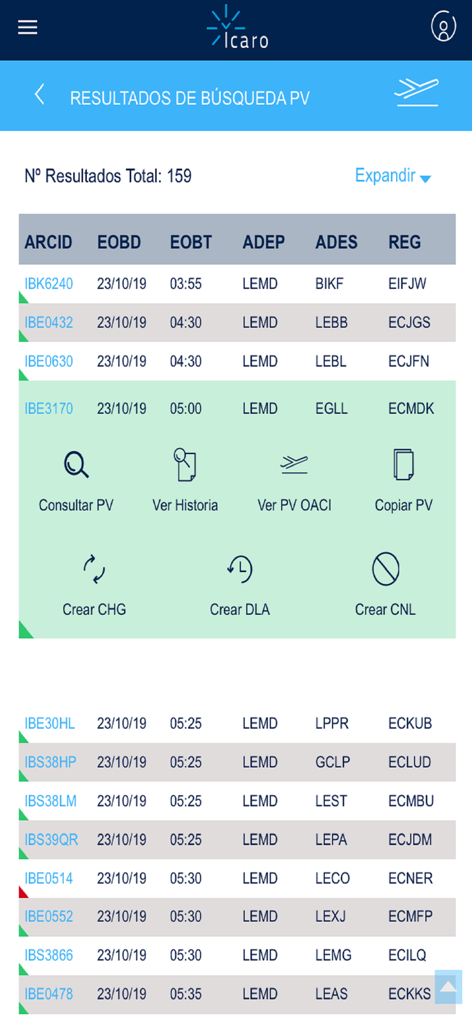 Interface of the ICARO app by ENAIRE showing a list of flight plans with options to view history and create flight messages.