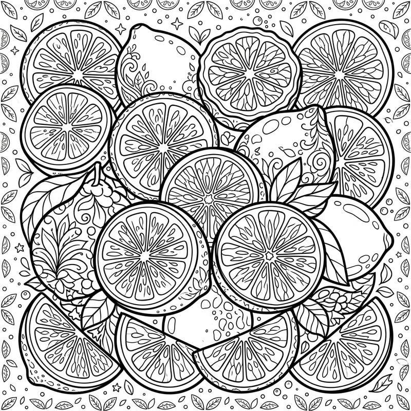 Discover a refreshing collection of intricate citrus fruits designed for adults seeking mindful coloring. This detailed page offers a delightful escape into the world of lemons, oranges, and more, ready for your creative touch.