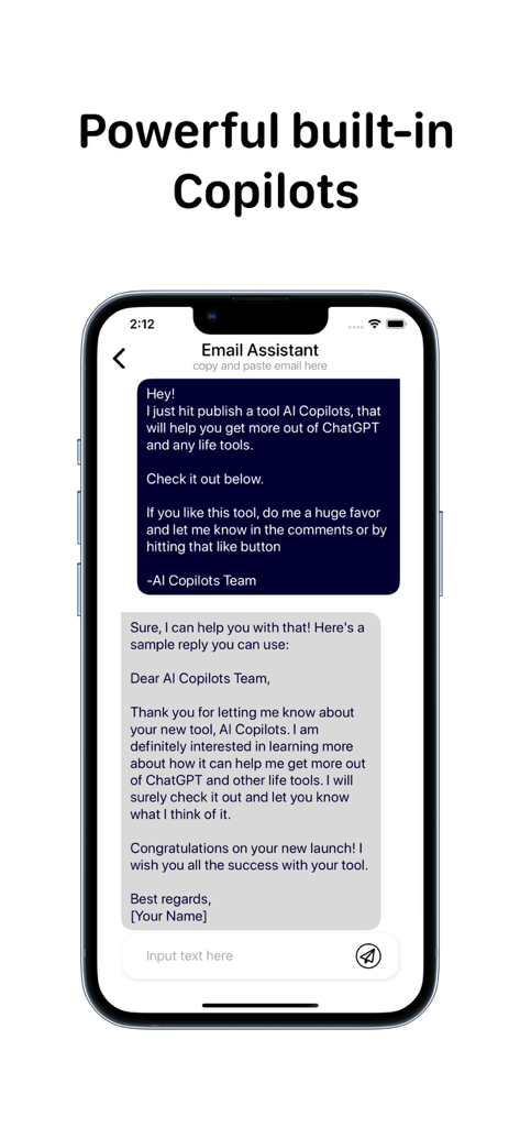 Copilot AI - AI Chat Assistant - Copilot AI mobile app interface showing a built-in email assistant feature