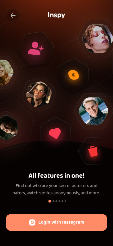 InSpy app welcome screen showing features for tracking Instagram secret admirers and story interactions