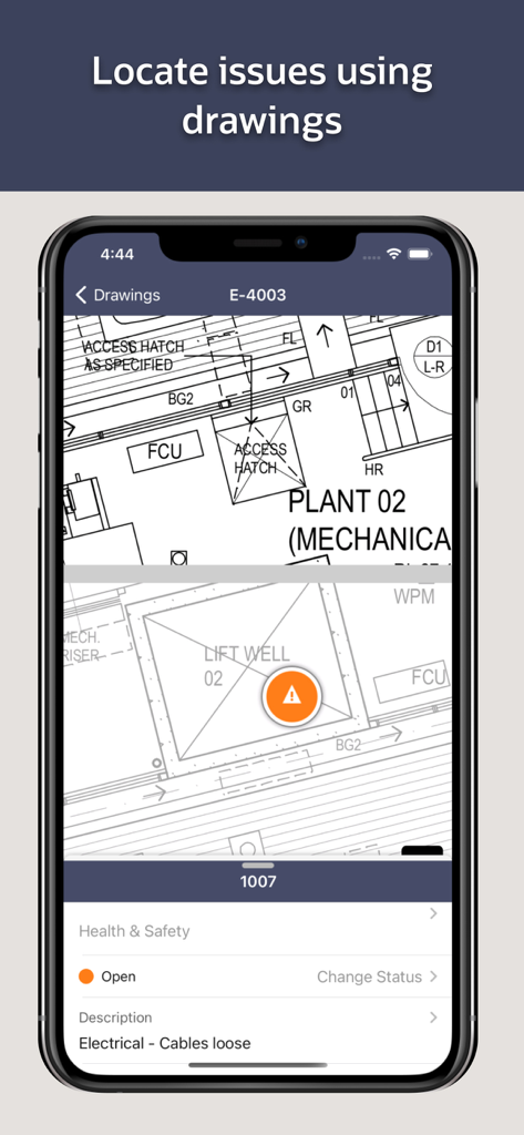 Oracle Aconex - Oracle Aconex app interface showing a safety issue pinned to a technical construction drawing