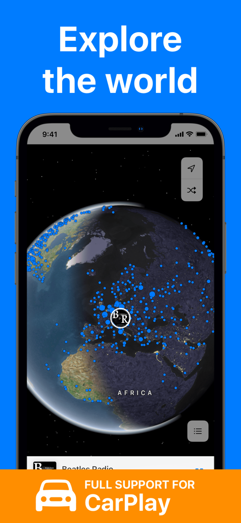 FM Radio App - FM Radio App interface showing a 3D globe for worldwide station discovery with CarPlay support
