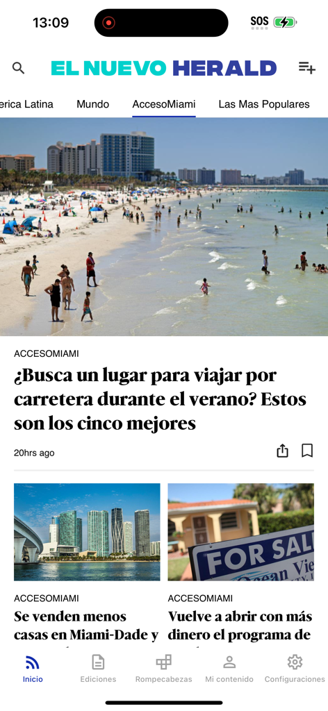 Interfaz de la aplicación móvil de El Nuevo Herald que muestra noticias locales de Miami y artículos de viajes en español