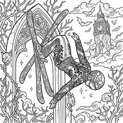 Experience the thrill of winter sports with a dramatic twist in this unique coloring page. A freestyle skier performs an aerial trick, adorned in intricate patterns against a hauntingly beautiful gothic backdrop.