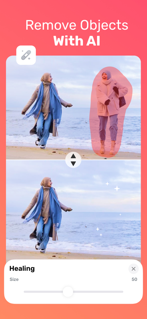 Comparaison côte à côte montrant comment l'application Andalusi utilise l'IA pour supprimer une personne d'une photo de plage.